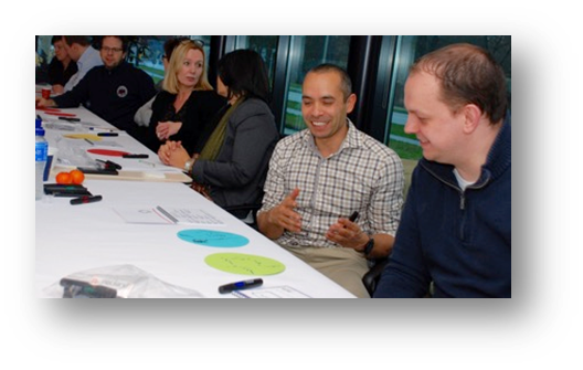 Deelnemers gaan in gesprek door de visuele check-in